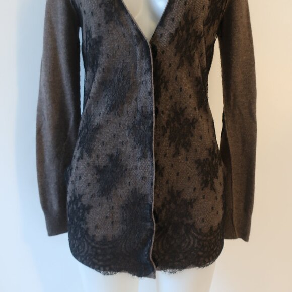 Womens Zhor & Nema Paris Taupe Black V-Neck Wool Cashmere Lace Cardigan M - Picture 7 of 15